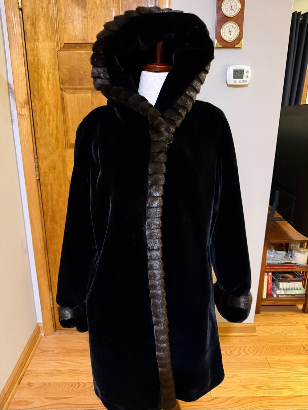 Miss Gallery Black Hooded Faux Fur Coat with Trim size L